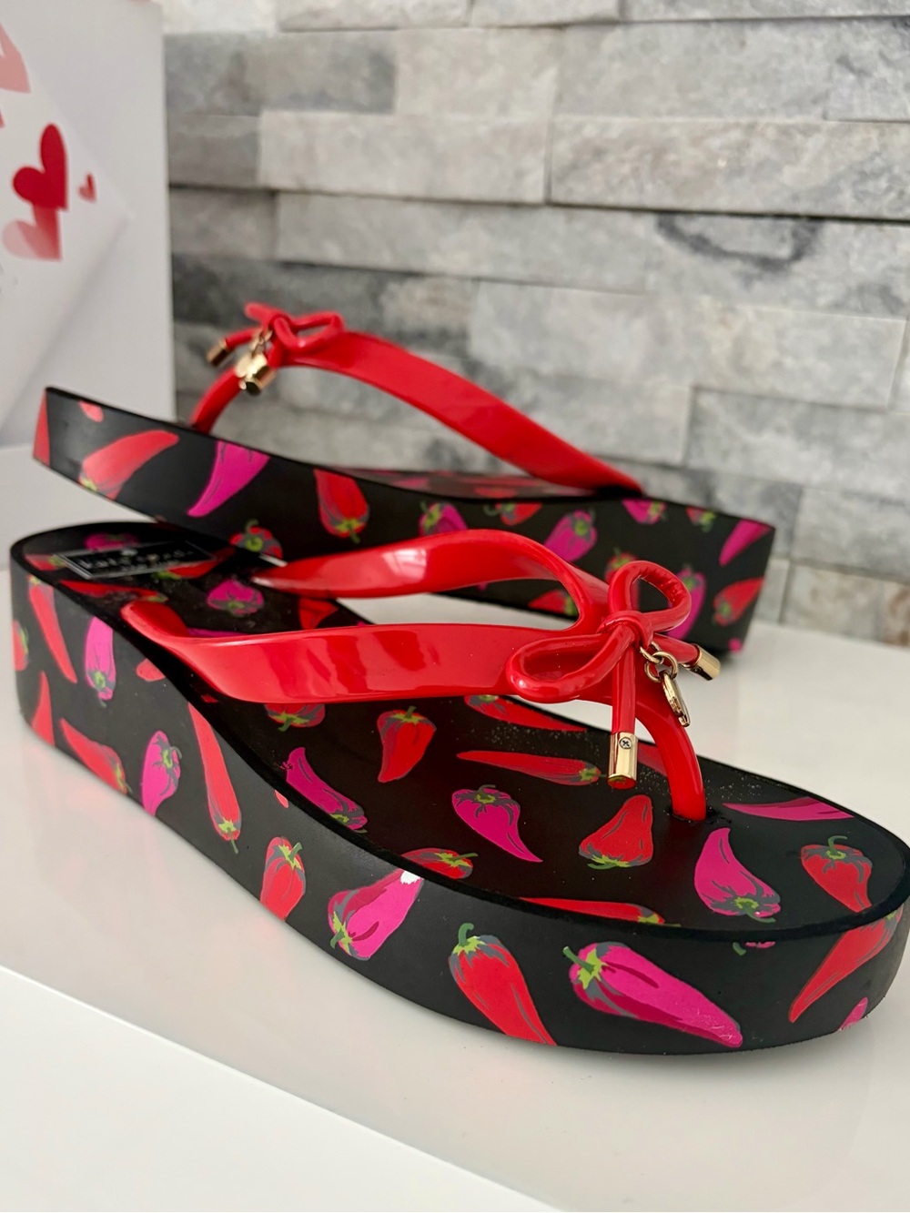 kate spade Black Platform Flip Flop Sandals with Red and Pink Pepper Print - Picture 10 of 10
